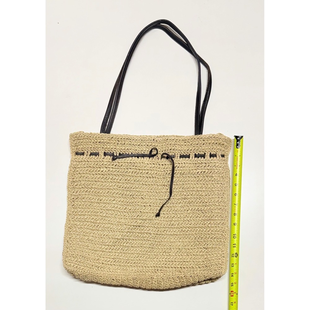 Eddie Bauer Beige Woven Straw Tote Bag Leather Trim Shoulder Bag 023-0131